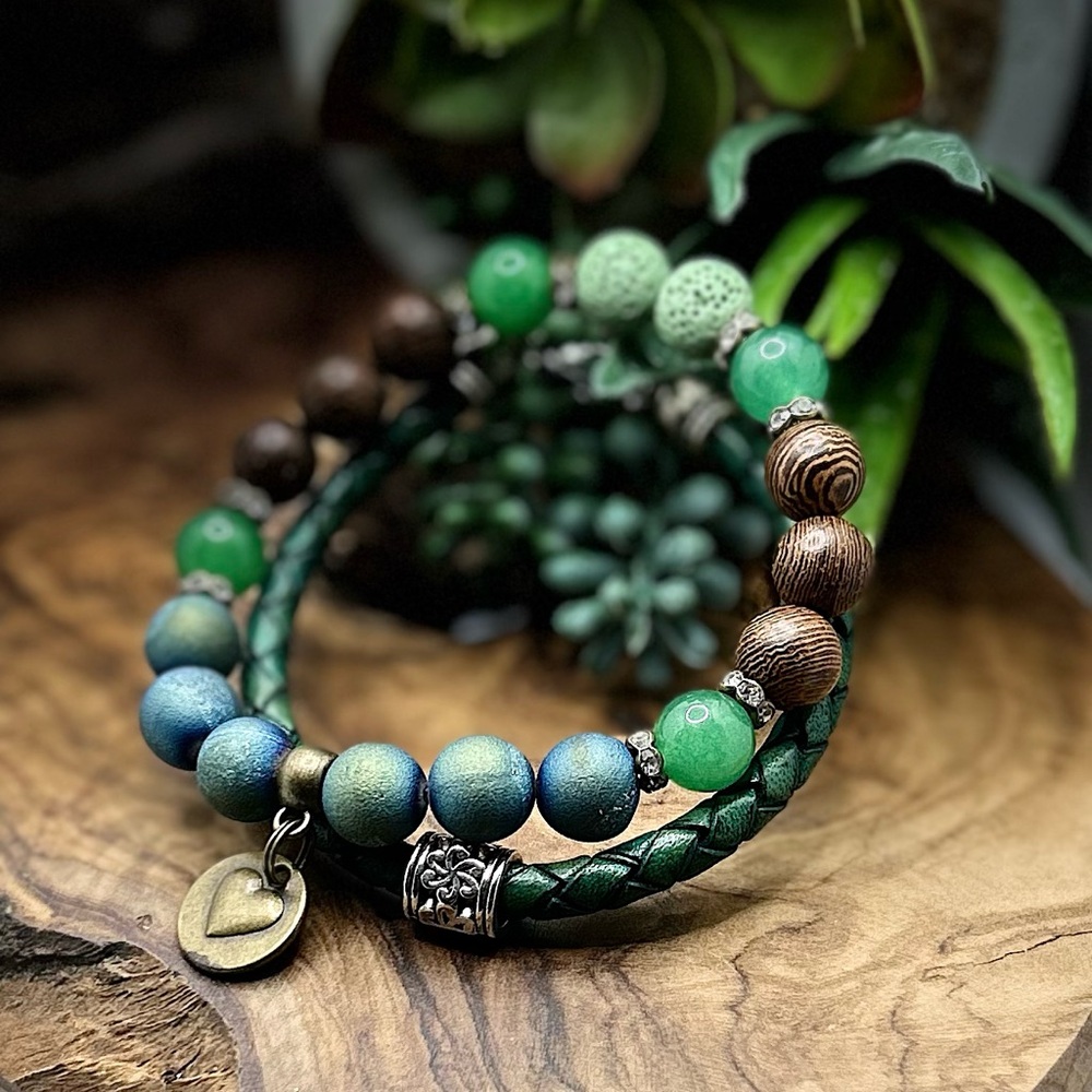 Green and Brown Beaded Bracelet & leather set